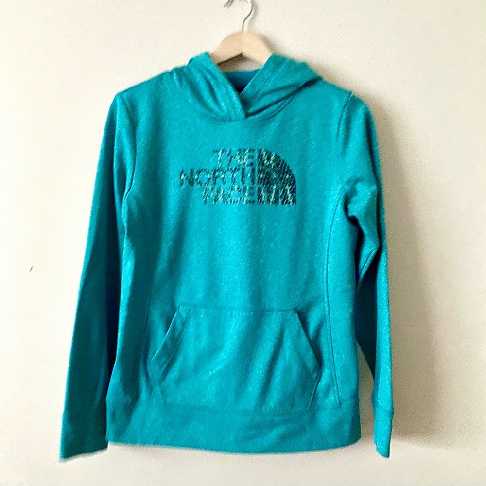 The North Face Green Pullover Hoodie Sweatshirt With Psychdelic Text Logo Size M